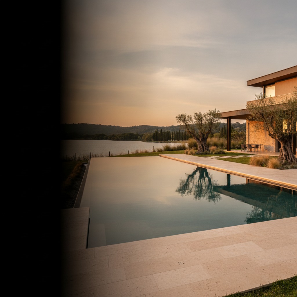 Piscina terminada frente al lago al atardecer