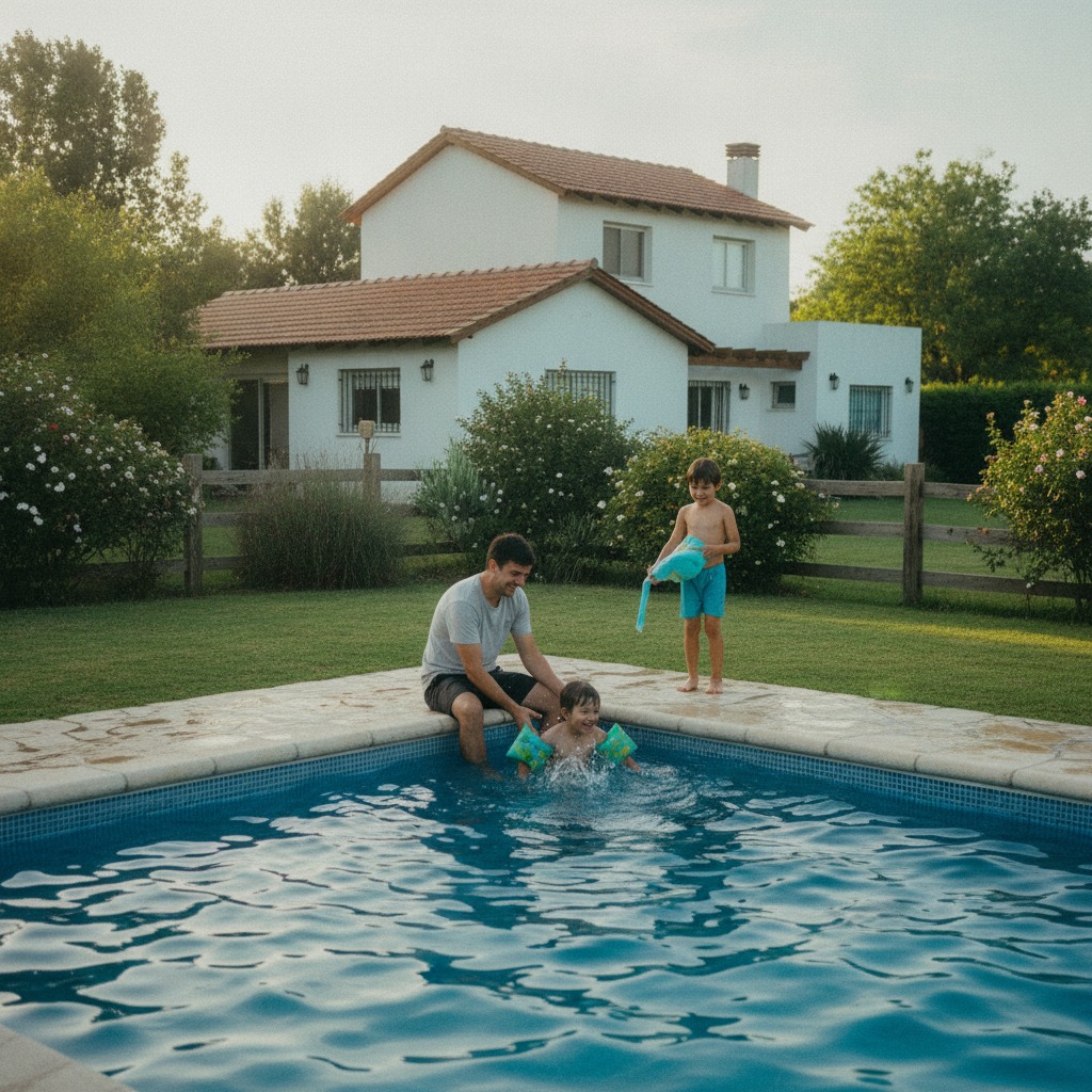 Fotografía ilustrativa de una familia disfrutando una piscina