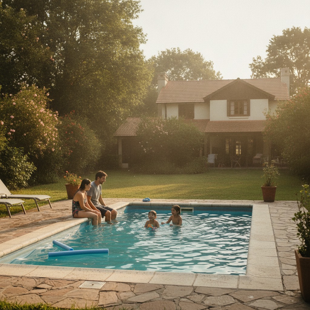Fotografía ilustrativa de una familia disfrutando una piscina